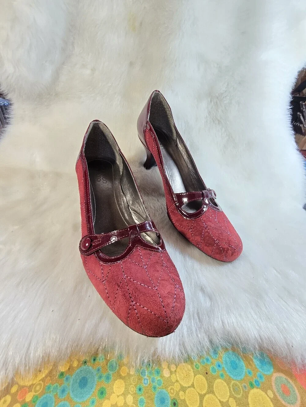 Franco Sarto Burgundy Suede & Patent Mary Jane Kitten Heels  Dress Pumps
